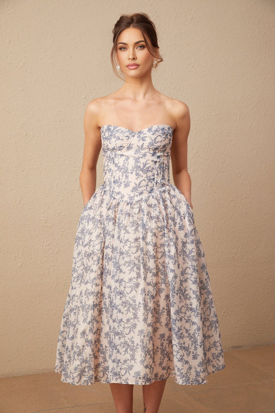 A floral print offshoulder midi dress with a fanny style featuring a colorful floral pattern on a light background and an elastic neckline that sits below the shoulders