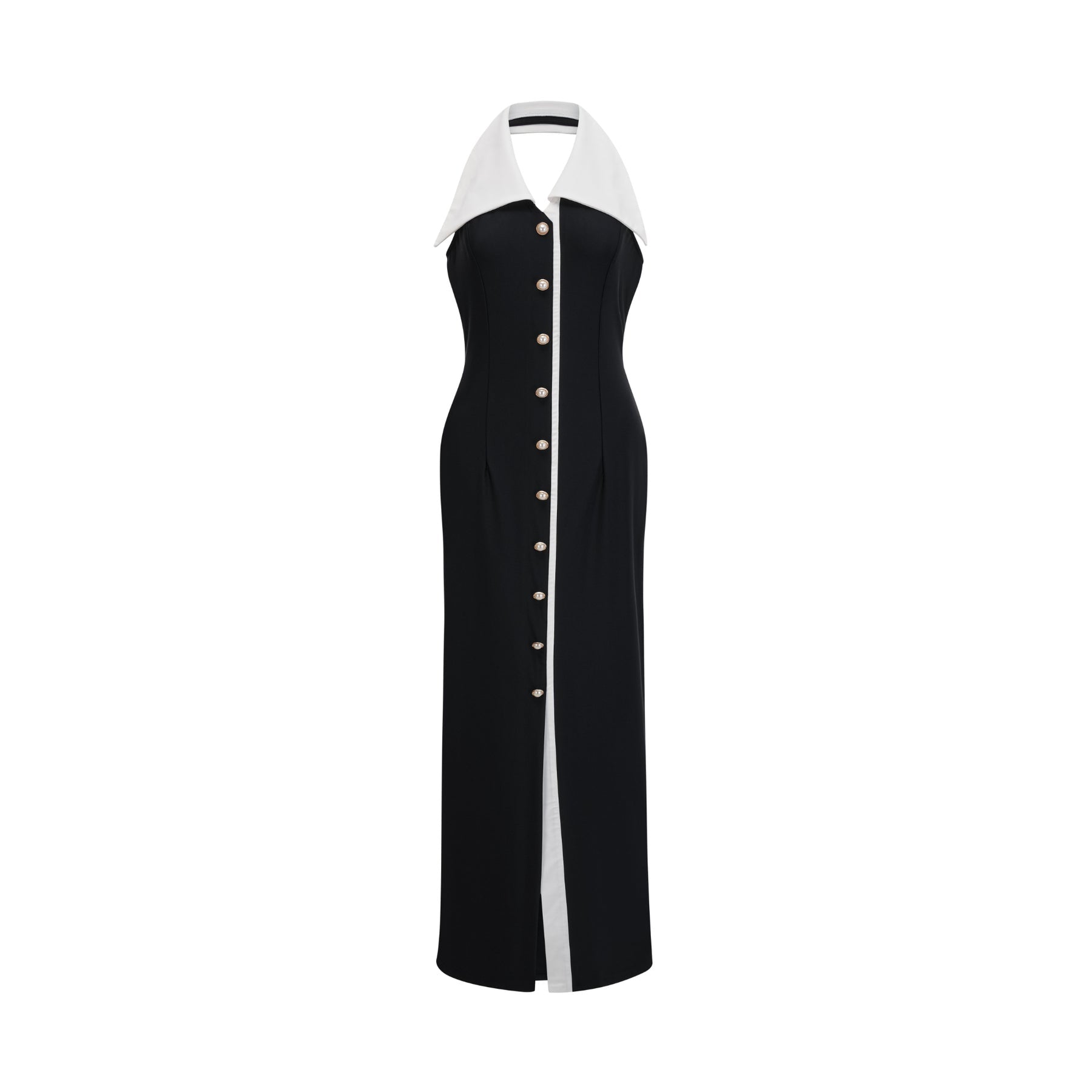A formfitting maxi dress with colorblocking design featuring the name Alessandra