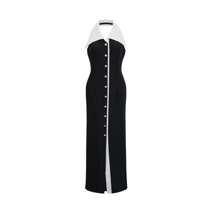 A formfitting maxi dress with colorblocking design featuring the name Alessandra
