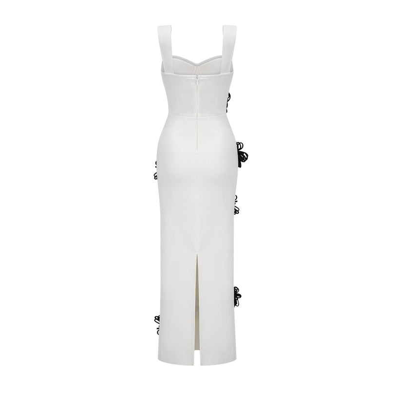 A fulllength white bandage dress with floral applique details named Olivia