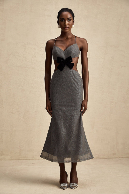 A glamorous midi dress with open back and sequin embellishments named Violaine