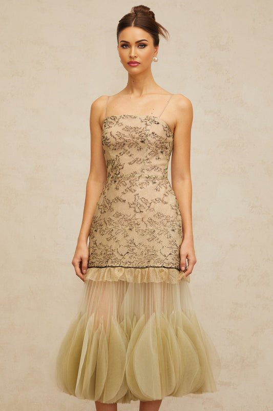 A green midi dress with embroidered details and panelled design named Mathilde