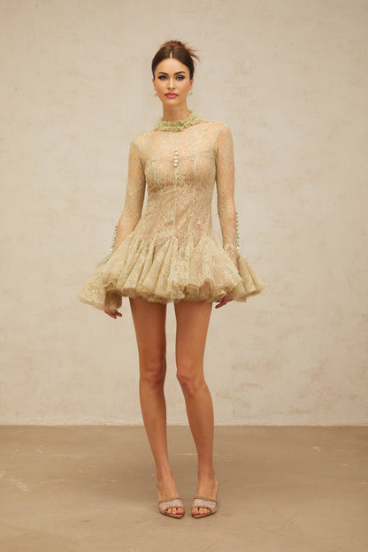 A green mini dress with flared skirt and embroidered details named Melodie