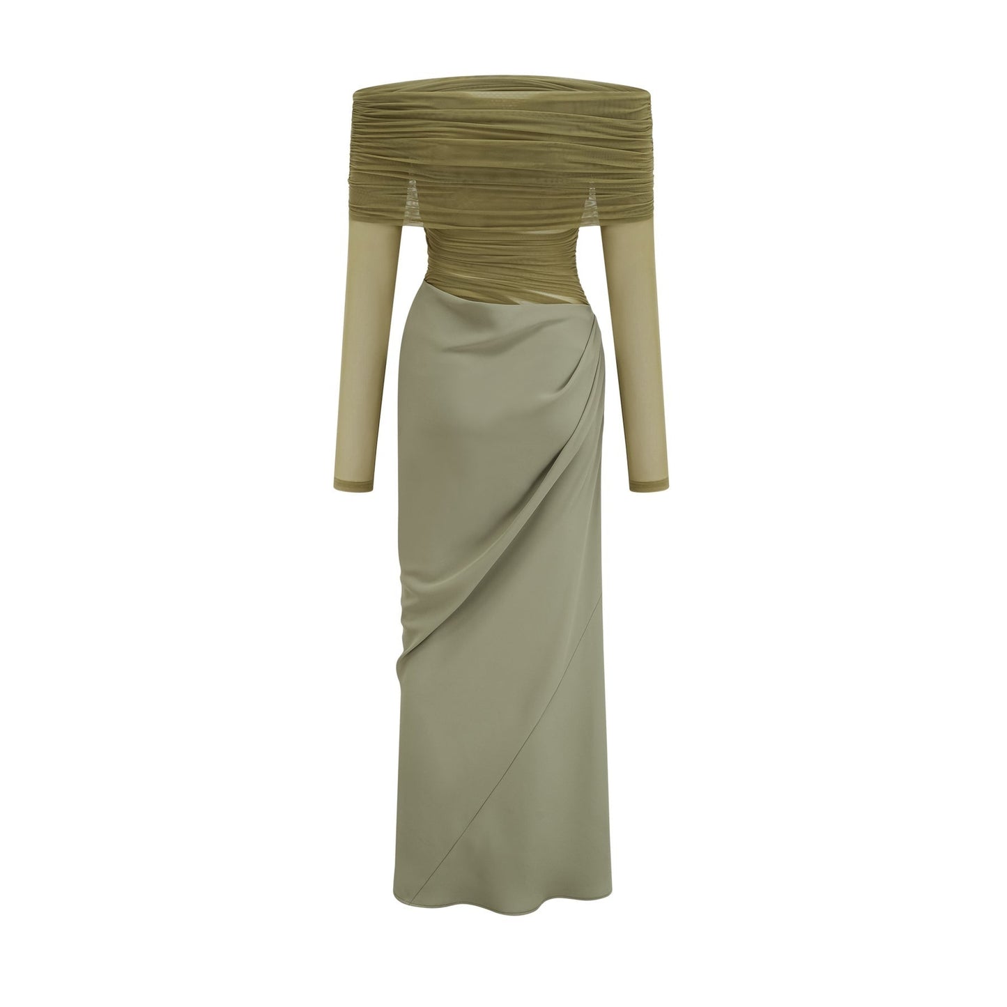 A green offshoulder midi dress with a semisheer fabric styled on a model against a plain background