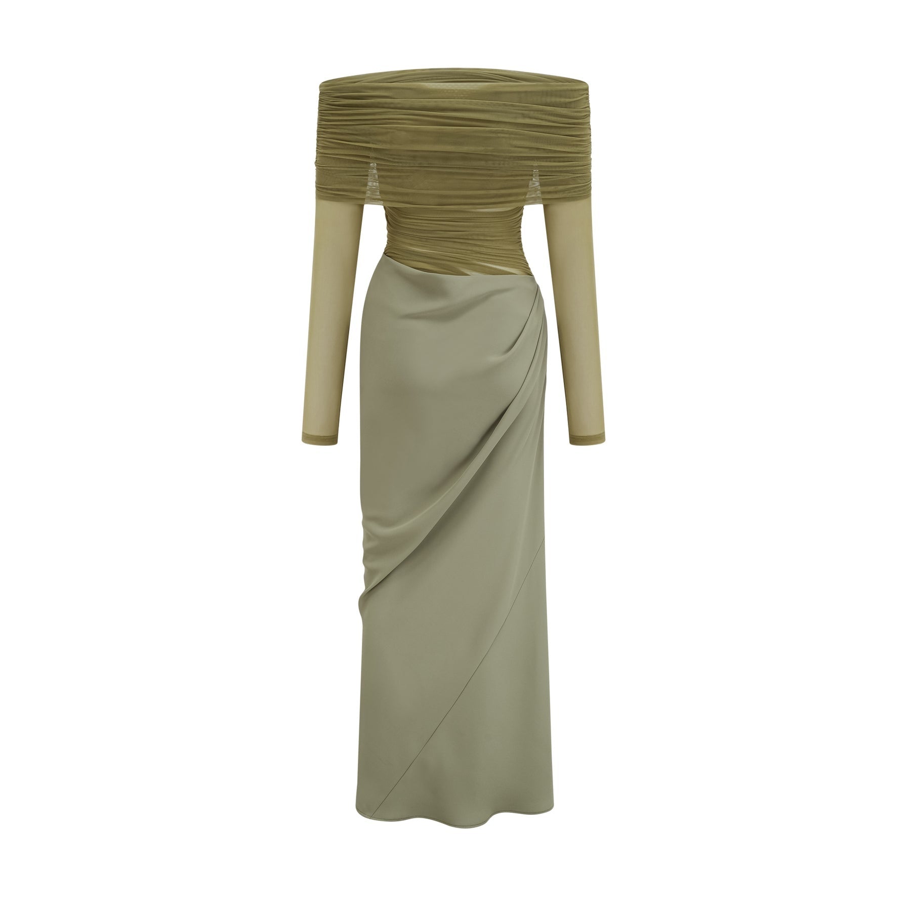 A green offshoulder midi dress with a semisheer fabric styled on a model against a plain background