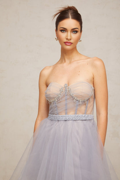 A grey mini dress with puff sleeves and tulle fabric featuring embellishments named Aloise