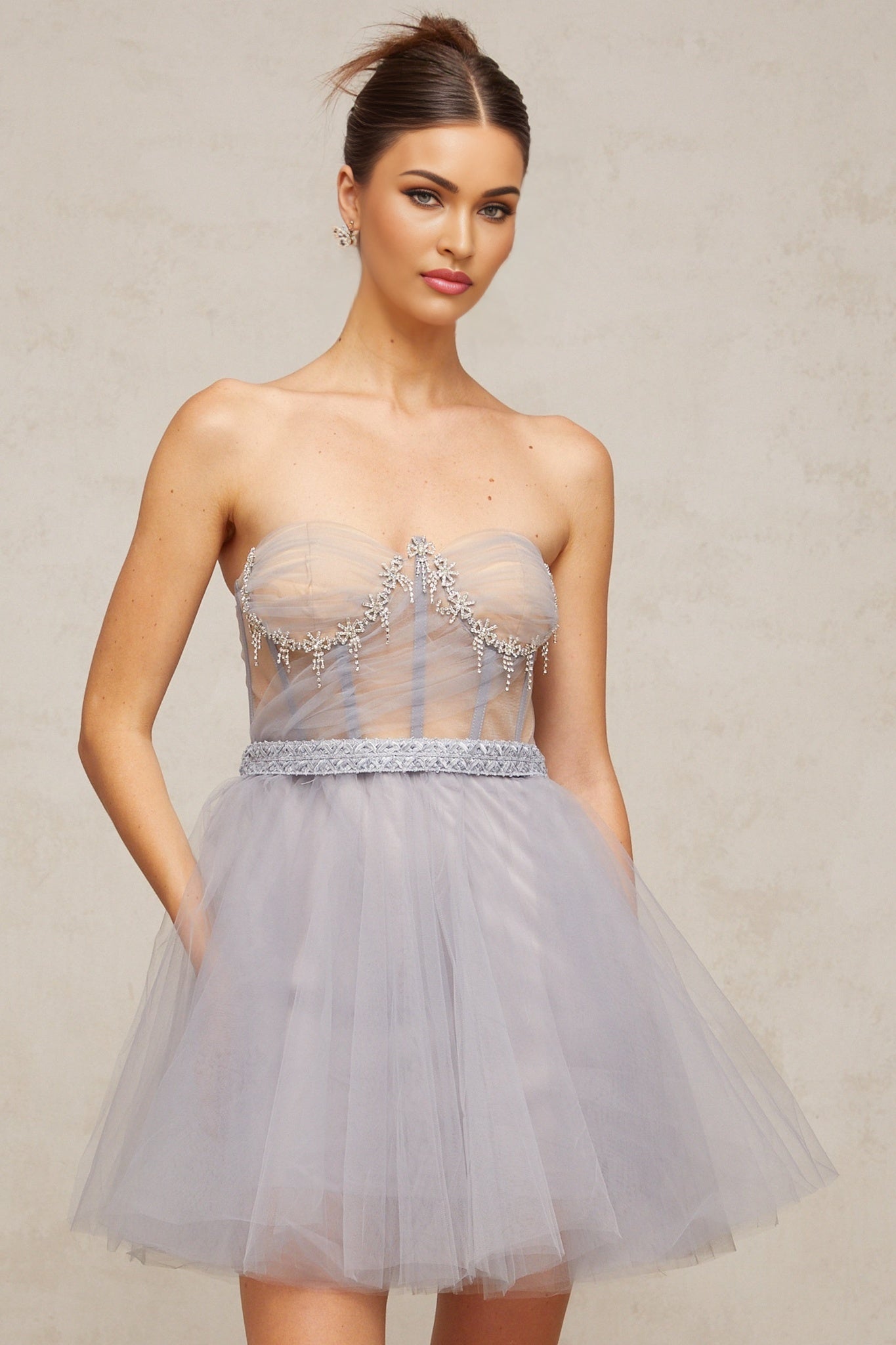 A grey mini dress with puff sleeves and tulle fabric featuring embellishments named Aloise