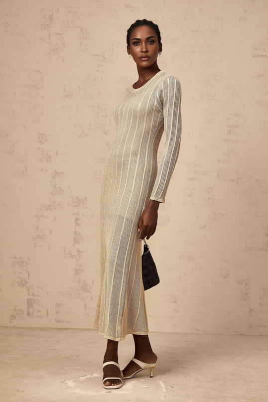 A khaki colored fitted knit midi dress from Honorine on a plain background