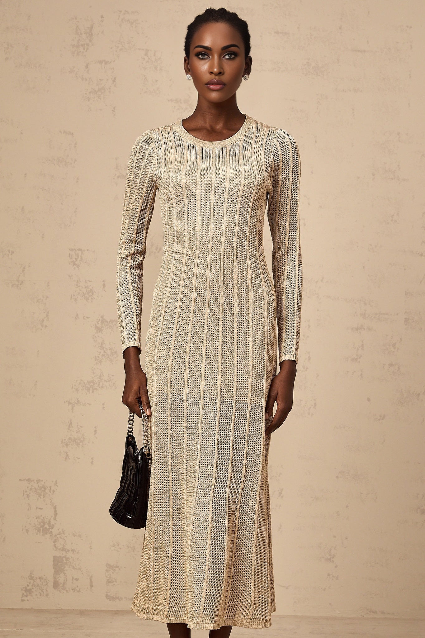 A khaki colored fitted knit midi dress on a mannequin or model showcasing its formfitting silhouette and midcalf length