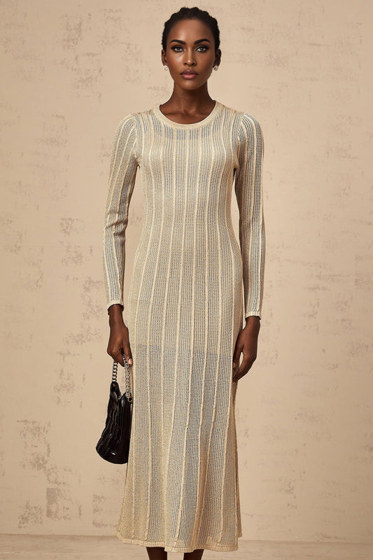 A khaki colored fitted knit midi dress on a mannequin or model showcasing its formfitting silhouette and midcalf length