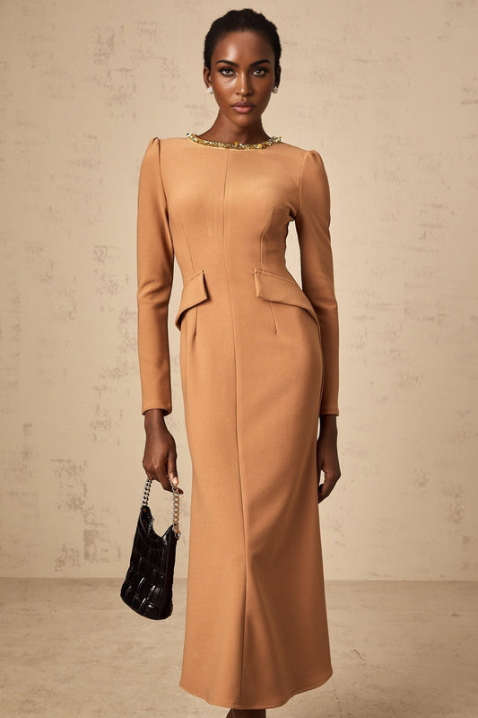 A khaki colored midi dress with sequin embellishments named Doriane