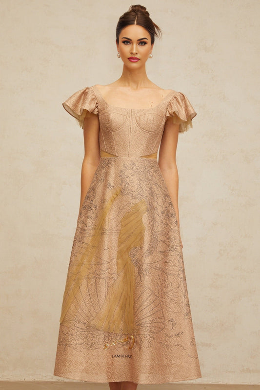 A khaki midi dress with a flared silhouette featuring a graphic print pattern named Giada