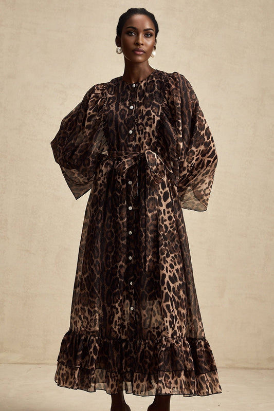 A leopard print midi dress with a single breasted design named Gisele