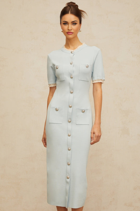A light blue knit midi dress with a pencil silhouette featuring a fitted bodice and straight skirt that falls to mid calf length