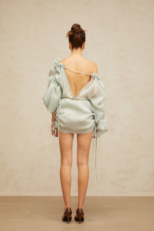 A light green mini dress with ruched fabric and ruffled trim details named Beryl