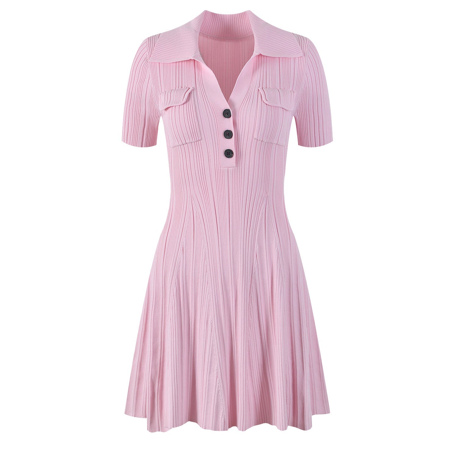 A - Line Polo Dress with Button Detail & Pockets - Pink