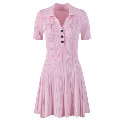 A - Line Polo Dress with Button Detail & Pockets - Pink