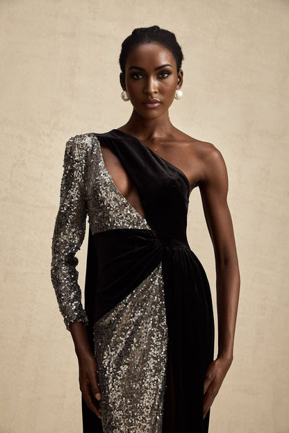 A long asymmetric maxi dress with sequin embellishments named Juliette