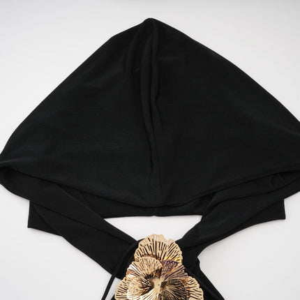 A long black hooded maxi dress with floral applique details named Axelle