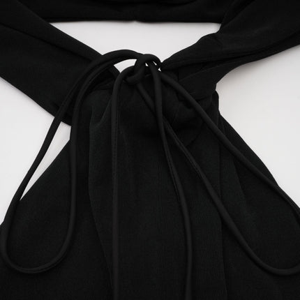 A long black hooded maxi dress with floral applique details named Axelle