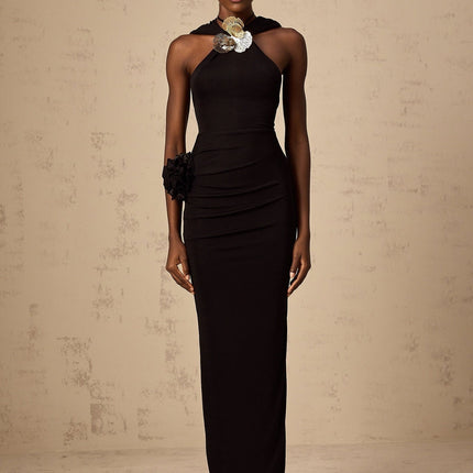 A long black hooded maxi dress with floral applique details named Axelle