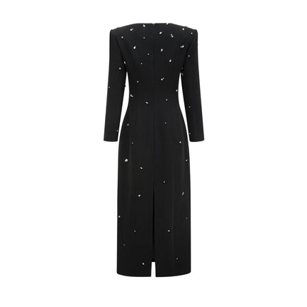 A long black maxi dress adorned with sparkling crystal embellishments elegant evening gown with a sleek silhouette