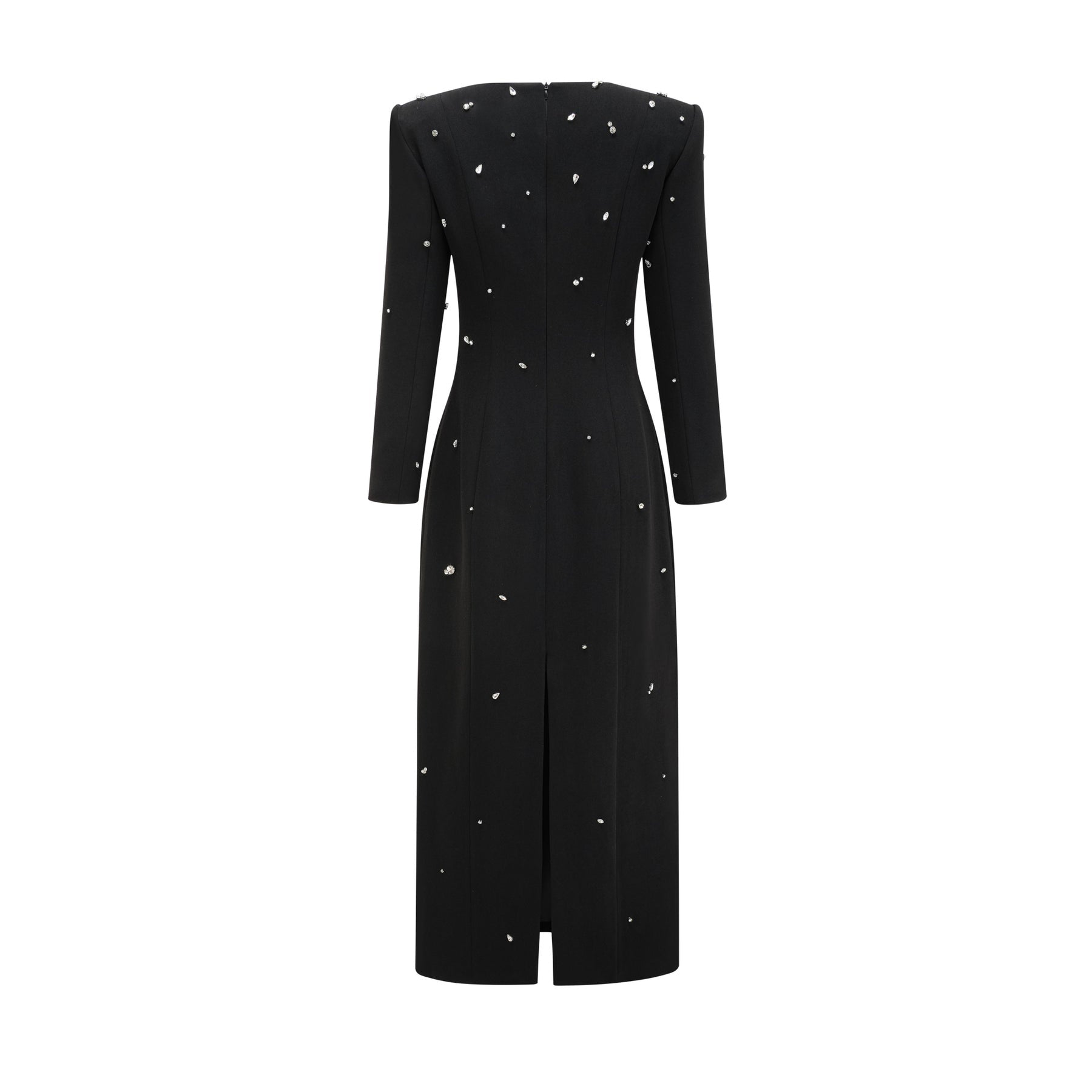 A long black maxi dress adorned with sparkling crystal embellishments elegant evening gown with a sleek silhouette