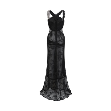 A long black maxi dress with a crossover front adorned with crystal embellishments