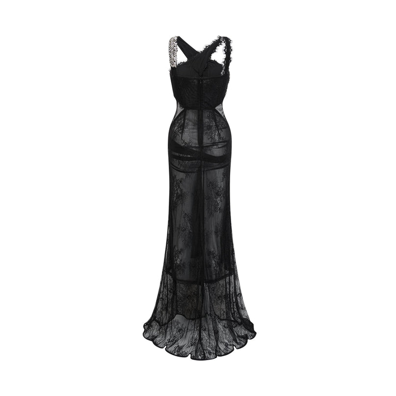 A long black maxi dress with a crossover front adorned with crystal embellishments