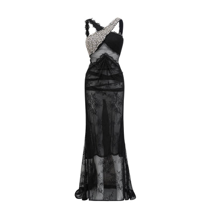 A long black maxi dress with a crossover front featuring crystal embellishments on the bodice and straps