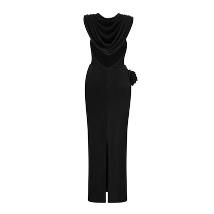 A long black maxi dress with a hood featuring floral appliqué details called Axelle