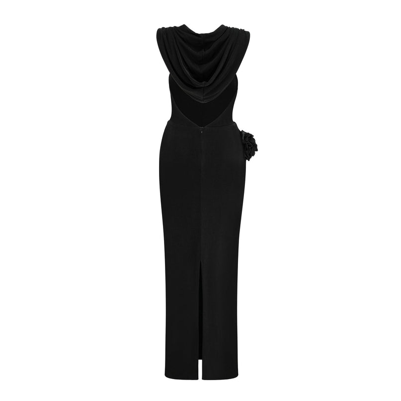 A long black maxi dress with a hood featuring floral appliqué details called Axelle