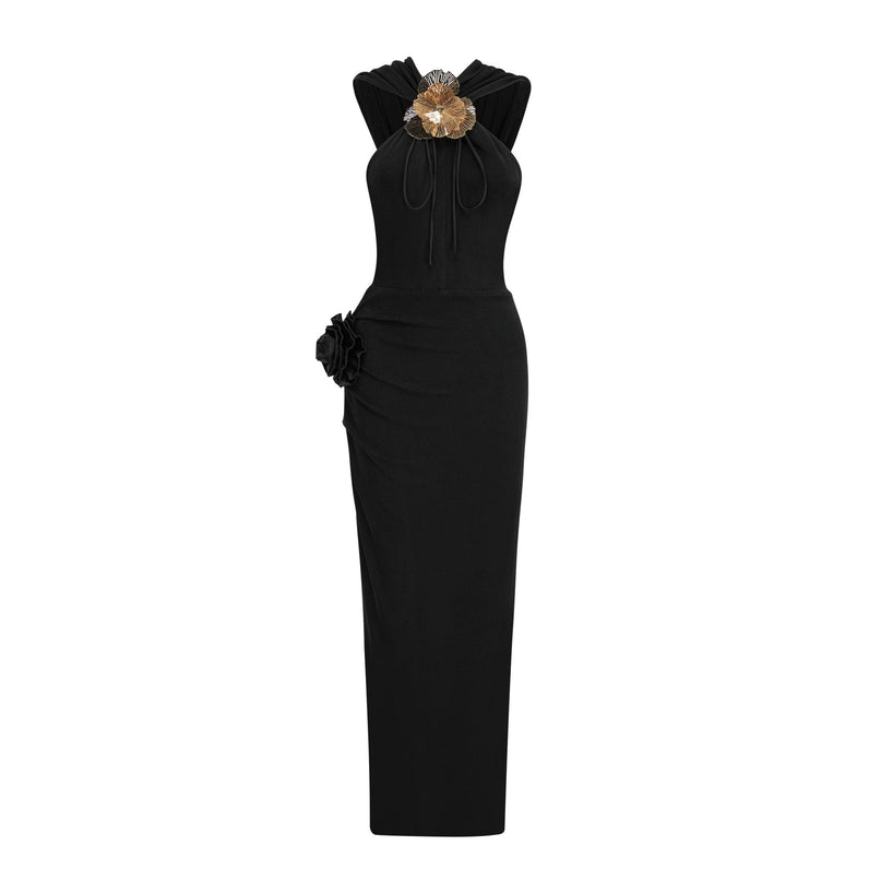A long black maxi dress with a hood featuring floral applique details named Axelle