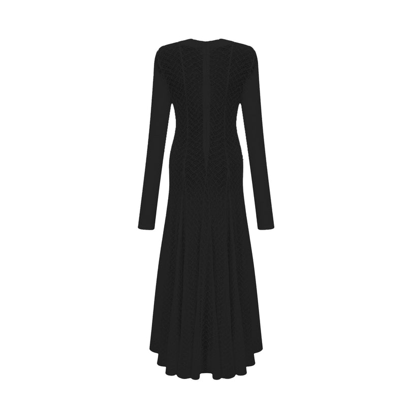 A long black maxi dress with a wavy lace pattern flowing from top to bottom featuring a feminine silhouette and delicate details