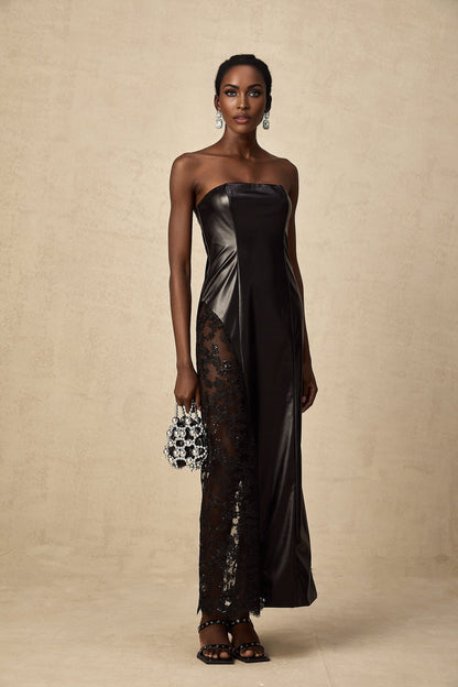 A long black maxi dress with faux leather material and lace panel details