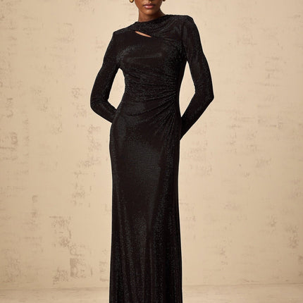 A long black maxi dress with ruched mesh fabric and rhinestone embellishments