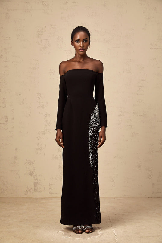 A long black maxi dress with sheer mesh panels and embellished details featuring a fitted silhouette and elegant design