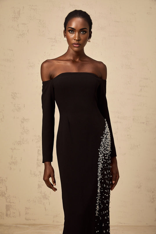 A long black maxi dress with sheer mesh panels and embellished details named Hyacinthe
