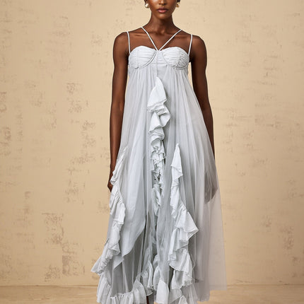 A long blue maxi dress with layered ruffles and a tulle skirt named Colette