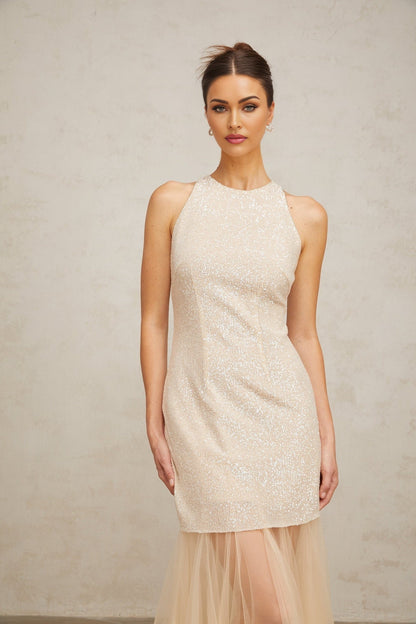 A long champagne colored dress with sequins and tulle panels flowing to the floor in a maxi style silhouette