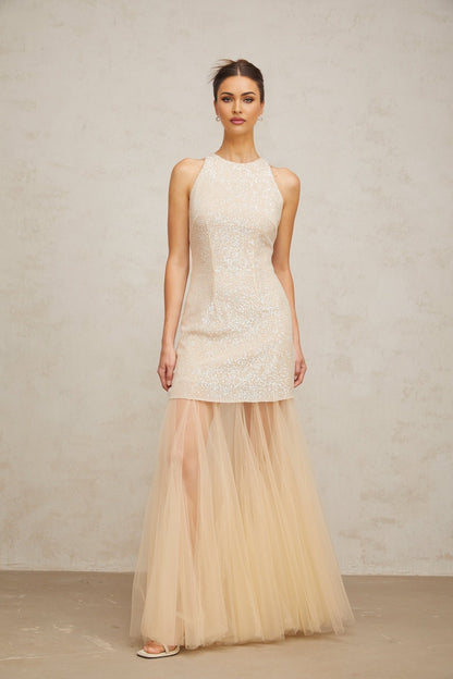 A long champagne colored maxi dress with sequin embellishments and sheer tulle panels