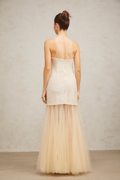 A long elegant champagne colored maxi dress with sequin detailing and sheer tulle panels