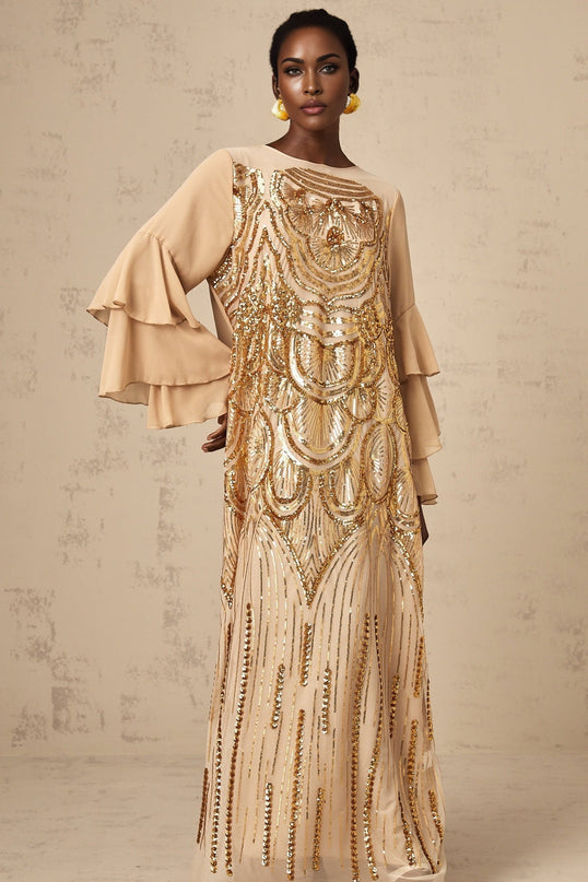 A long elegant maxi dress with ruffle sleeves and sequin embellishments on tulle fabric