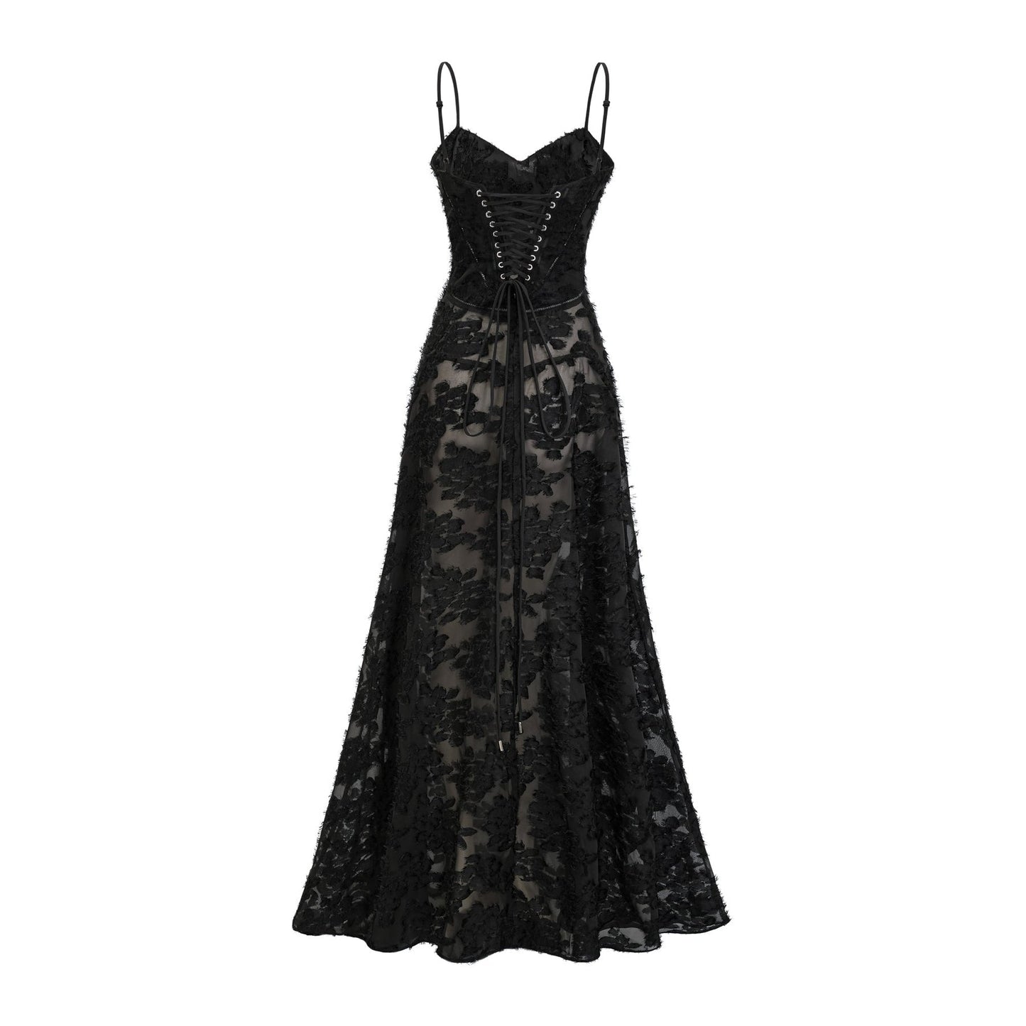 A long floral lace maxi dress with delicate patterns and a flowing silhouette in light pastel colors perfect for elegant occasions