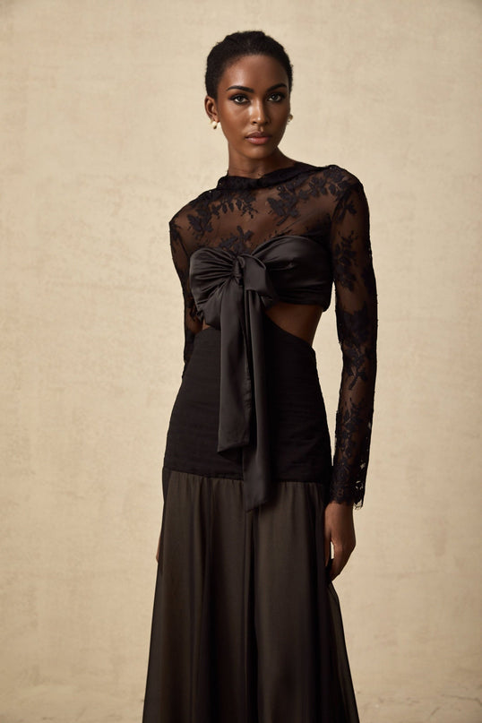 A long floral lace maxi dress with panelled design featuring intricate lace patterns and a flowing silhouette