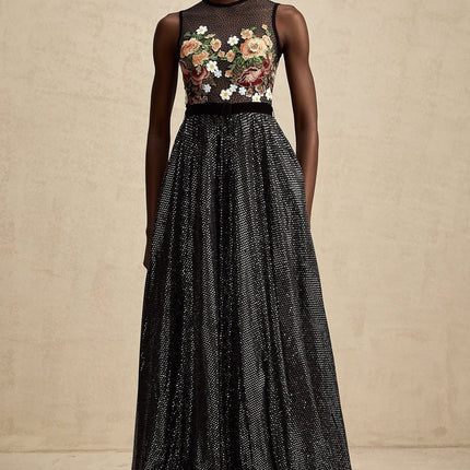 A long floral maxi dress with embroidery and embellishments featuring a delicate Agathe design