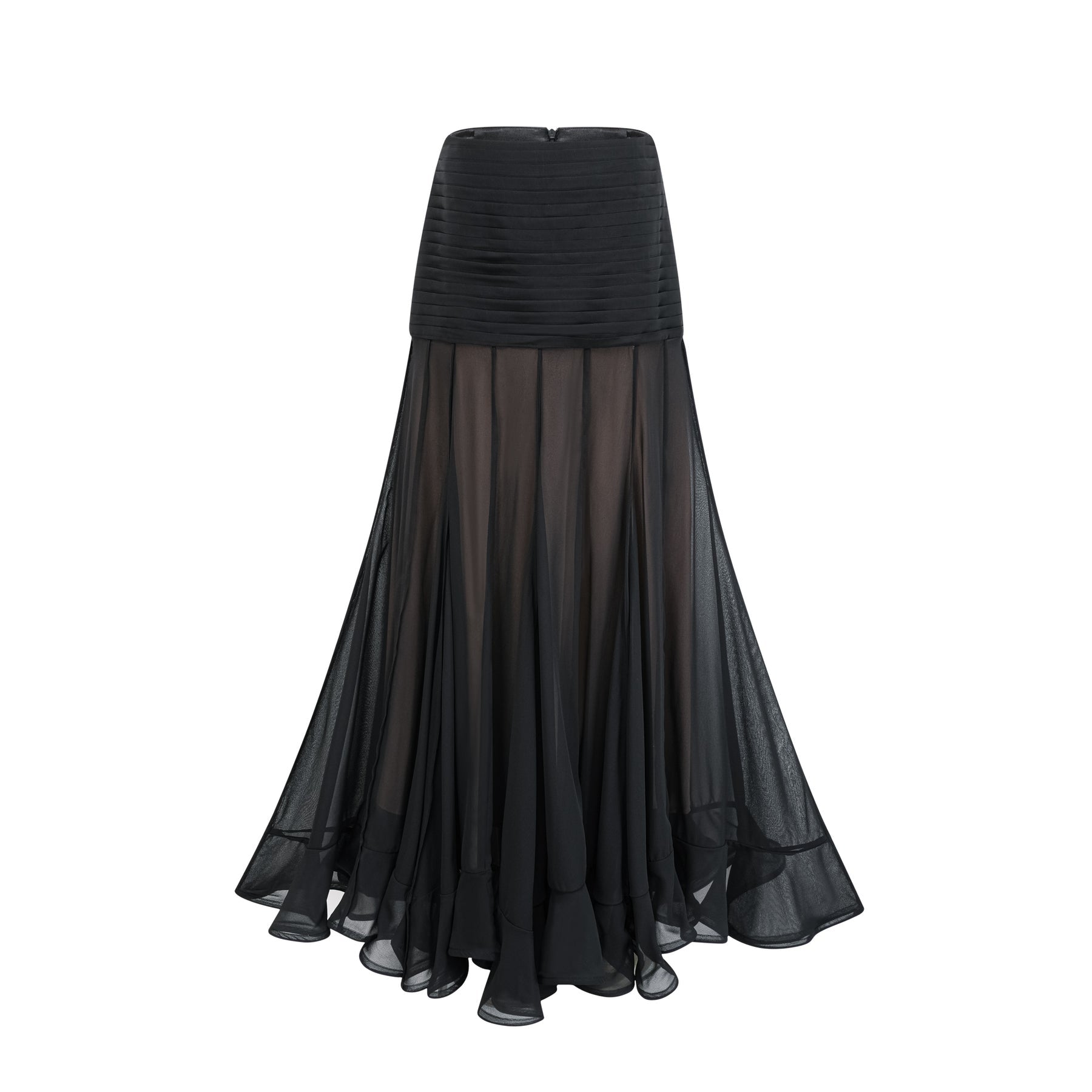 A long flowy maxi skirt with layered tulle and ruffles in a soft rayon fabric named Jacqueline