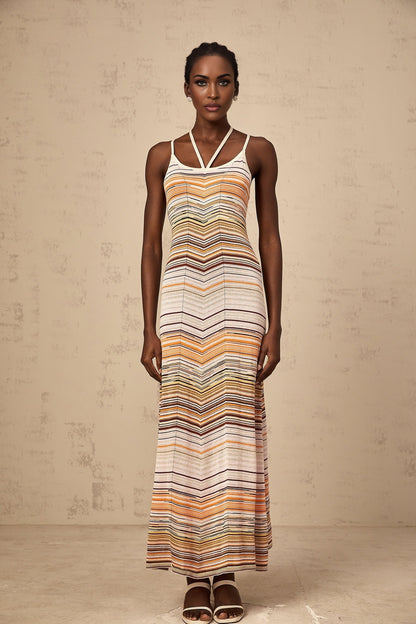 A long maxi dress with colorful horizontal stripes in a knit fabric by Chloé