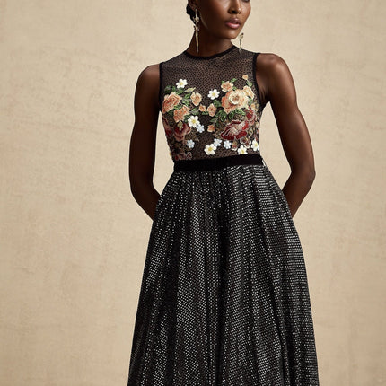 A long maxi dress with floral embroidery embellishments named Agathe