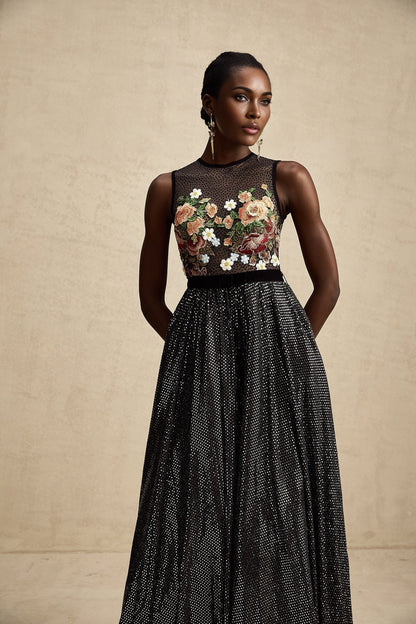 A long maxi dress with floral embroidery embellishments named Agathe
